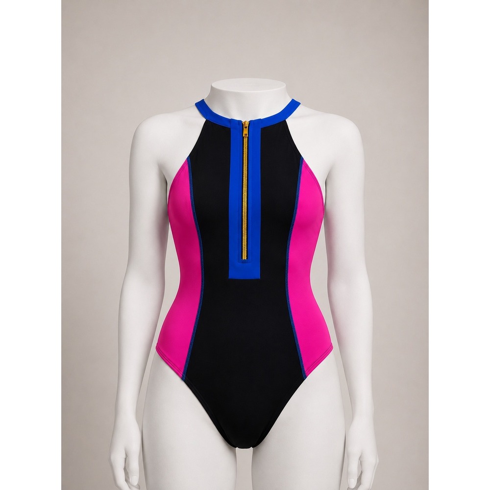 BikiniX Womens Small One Piece Swimsuit Colorblock High Neck Zip Front NIP